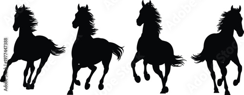 Galloping horse silhouettes set with flowing manes, black animal vector illustration for nature design