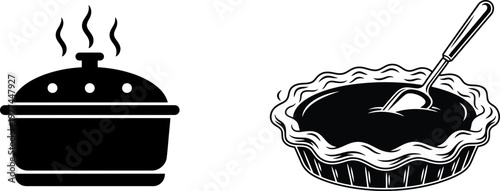 A black and white illustration featuring a steaming casserole dish with a lid and a pie with a spoon inserted, both on a white background