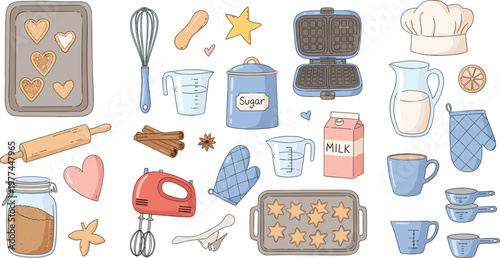 Baking Tools and Kitchen Utensils Vector Set with Mixer Oven Mitt Measuring Cups Cookies Milk and Homemade Dessert Elements