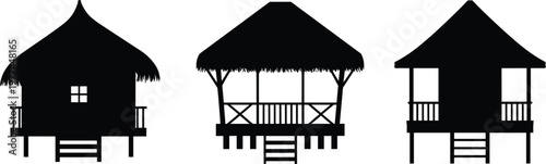 Tropical bungalow beach hut silhouettes set, black vector illustration for summer resort travel design