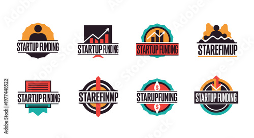 Collection of modern flat vector logos representing startup funding success, featuring growth charts, upward arrows, financial symbols, and silhouetted figures in vibrant orange,