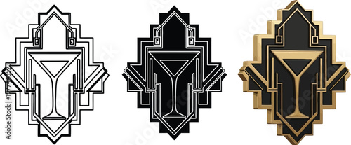 Art Deco martini glass emblem set vintage cocktail bar logo design elegant geometric graphic for branding and invitations