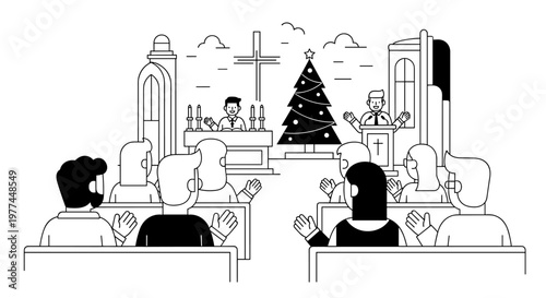 Congregation joyfully participates in a festive christmas service inside a beautifully decorated church sanctuary featuring a prominent decorated evergreen tree and a cross.