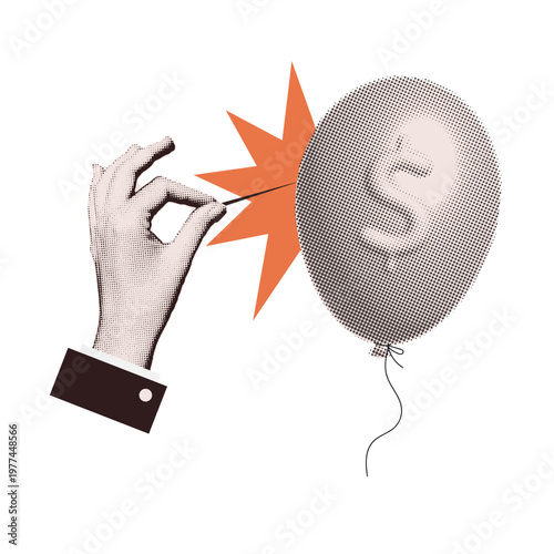 Economic bubble burst and inflation concept. Retro halftone collage of businessman hand popping dollar balloon with needle. Vintage pop art vector illustration for financial crash and bankruptcy.