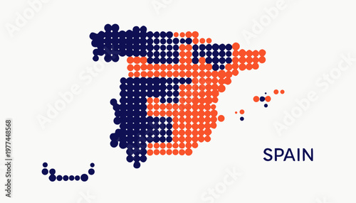 Spain map illustration in orange and blue dots on white background