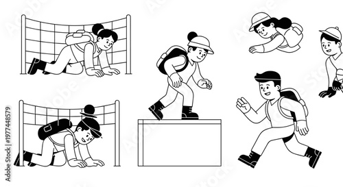 Children with backpacks navigating obstacles like crawling under a net, climbing a box, and running with determination, depicting adventure, teamwork, and physical activity in a