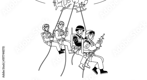 Four soldiers rappelling from a helicopter using ropes, wearing helmets, goggles, and tactical vests, one holding a rifle, depicting a military operation or special forces
