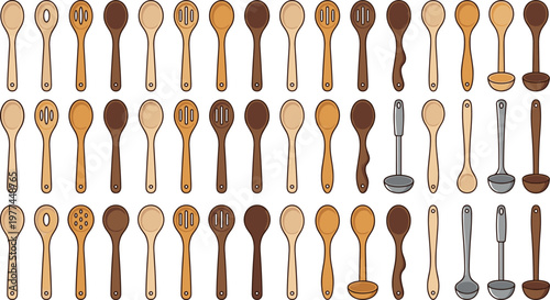 Comprehensive Collection of Wooden Spoons, Ladles, and Kitchen Utensils with Various Designs for Cooking and Food Preparation