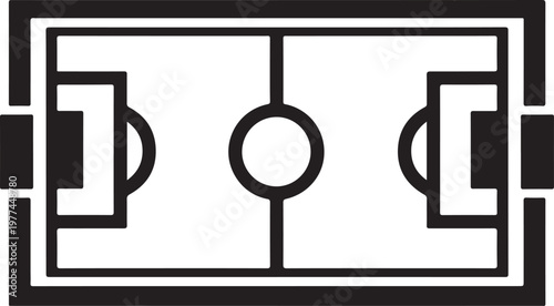 Minimalist soccer field icon vector, black and white football pitch diagram, aerial view sports stadium layout