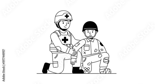 Caring medic in tactical gear assists wounded soldier, symbolizing battlefield aid, medical support, and humanitarian efforts with clean lines, monochrome palette, and scalable