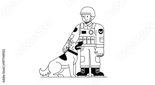 Friendly soldier wearing tactical vest and helmet gently pets loyal german shepherd dog companion, showcasing a clean, minimalist line art style with bold outlines and a