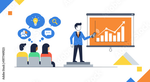 Dynamic business presentation featuring a speaker in a blue suit engaging an audience with a projector screen displaying a growing bar chart and line graph, accompanied by thought