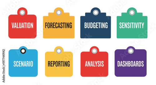 Set of eight colorful tags representing key financial concepts: valuation, forecasting, budgeting, sensitivity, scenario, reporting, analysis, and dashboards, presented with clean