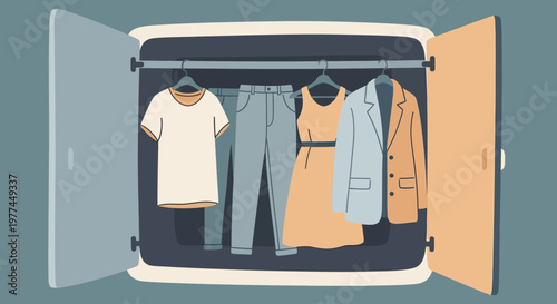 Clothing and garments in an open suitcase