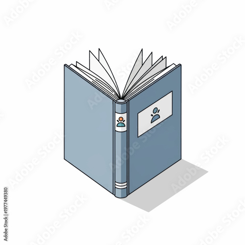 Isometric blue hardcover book with open pages and profile label.