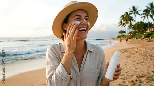 Woman applying sunscreen to face on beach with palm trees in background