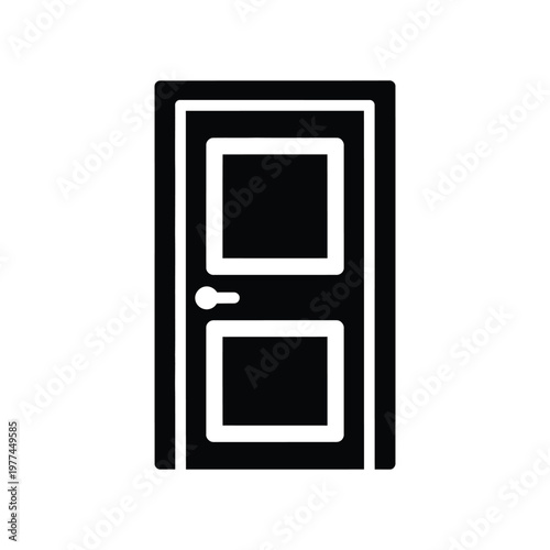 Minimalist black and white icon of a modern interior door with two rectangular panels and a round doorknob