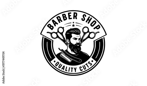 Barber shop badge logo bearded man retro vector design