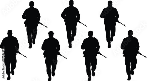 Soldier silhouettes marching with guns, black vector illustration for military and army defense design