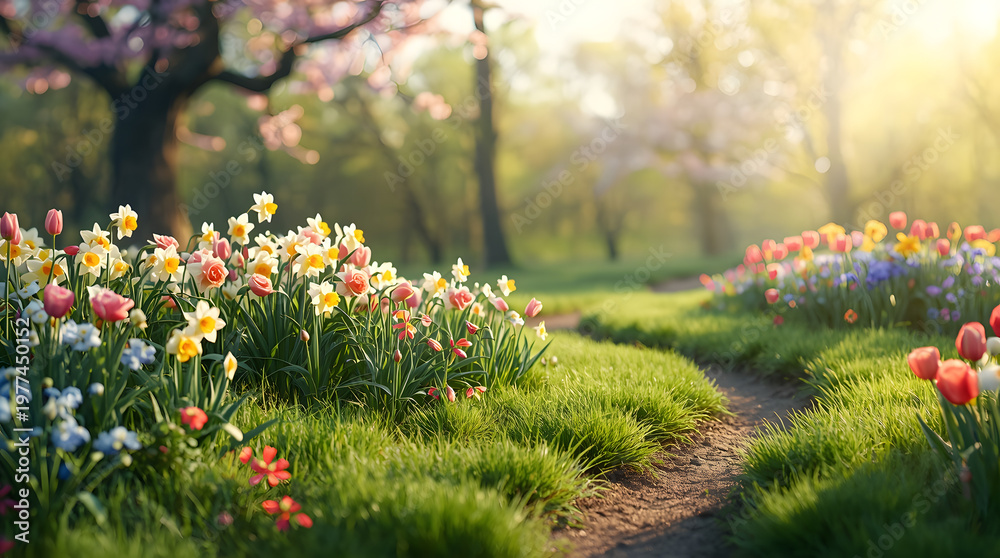 Obraz premium A serene garden scene with vibrant flowers lining a winding path through a lush green landscape in springtime outdoors.