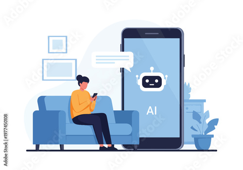 Flat style vector illustration of person talking to AI assistant on smartphone in modern living room, everyday artificial intelligence helping with daily tasks and communication