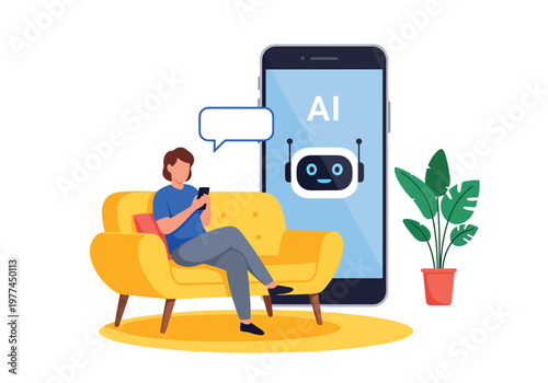 Flat style vector illustration of person talking to AI assistant on smartphone in modern living room, everyday artificial intelligence helping with daily tasks and communication