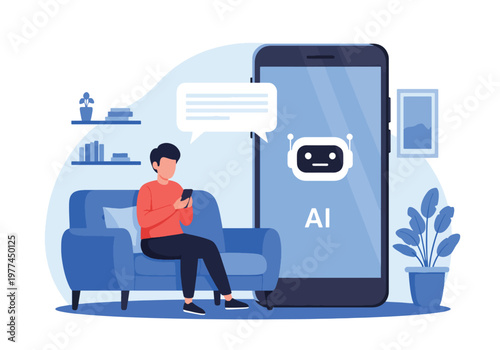 Flat style vector illustration of person talking to AI assistant on smartphone in modern living room, everyday artificial intelligence helping with daily tasks and communication