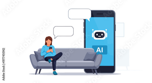 Flat style vector illustration of person talking to AI assistant on smartphone in modern living room, everyday artificial intelligence helping with daily tasks and communication