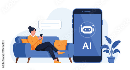 Flat style vector illustration of person talking to AI assistant on smartphone in modern living room, everyday artificial intelligence helping with daily tasks and communication