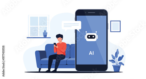 Flat style vector illustration of person talking to AI assistant on smartphone in modern living room, everyday artificial intelligence helping with daily tasks and communication