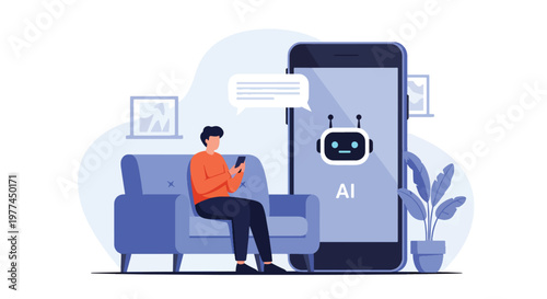 Flat style vector illustration of person talking to AI assistant on smartphone in modern living room, everyday artificial intelligence helping with daily tasks and communication