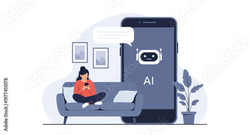 Flat style vector illustration of person talking to AI assistant on smartphone in modern living room, everyday artificial intelligence helping with daily tasks and communication