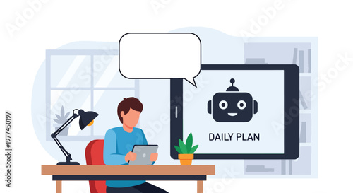 Flat style vector illustration of AI helping person plan daily schedule on tablet at home desk, productivity and time management with artificial intelligence assistant concept