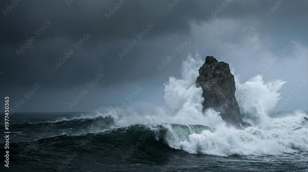 Obraz premium Powerful Ocean Waves Crashing Against Isolated Rock Formation Under Dramatic Stormy Sky for World Oceans Day, Moody Seascape with White Foam and Dark Sea Water, Concept of Nature Resilience