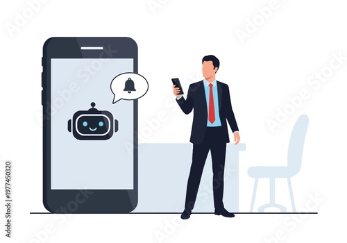 Flat style vector illustration of person receiving AI reminder notification on smartphone for daily tasks, productivity and personal organization concept in modern minimal style