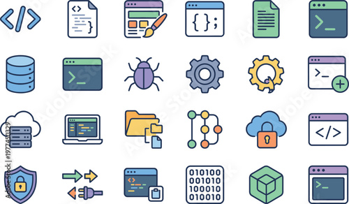 Programming and software development icons set including coding files database security debugging cloud computing flat vector illustration collection