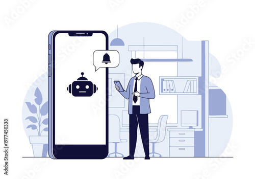 Flat style vector illustration of person receiving AI reminder notification on smartphone for daily tasks, productivity and personal organization concept in modern minimal style