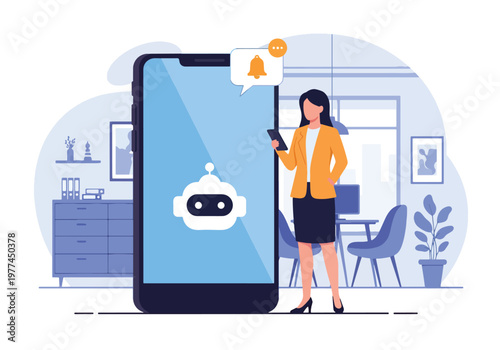 Flat style vector illustration of person receiving AI reminder notification on smartphone for daily tasks, productivity and personal organization concept in modern minimal style