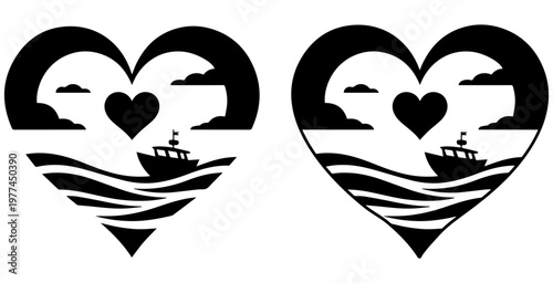 Romantic nautical heart silhouette featuring a ship sailing on ocean waves under a cloudy sky with central heart detail, maritime love concept showing a boat navigating sea waters frame