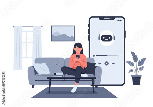 Flat style vector illustration of AI suggesting music playlist to user wearing headphones, personalized entertainment and recommendation system concept in clean modern style