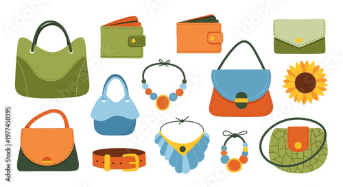 Colorful illustration of various handbags and accessories