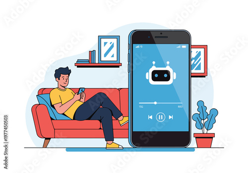 Flat style vector illustration of AI suggesting music playlist to user wearing headphones, personalized entertainment and recommendation system concept in clean modern style