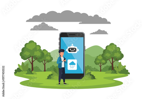 Flat style vector illustration of person checking AI weather forecast on smartphone near window, smart assistant providing real time weather updates in daily life