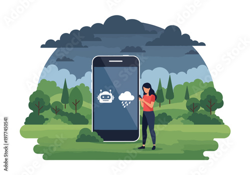 Flat style vector illustration of person checking AI weather forecast on smartphone near window, smart assistant providing real time weather updates in daily life
