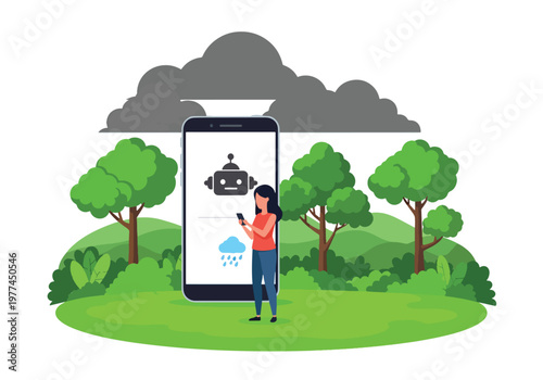 Flat style vector illustration of person checking AI weather forecast on smartphone near window, smart assistant providing real time weather updates in daily life