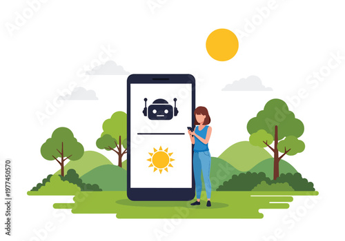 Flat style vector illustration of person checking AI weather forecast on smartphone near window, smart assistant providing real time weather updates in daily life