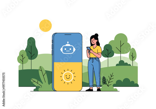 Flat style vector illustration of person checking AI weather forecast on smartphone near window, smart assistant providing real time weather updates in daily life