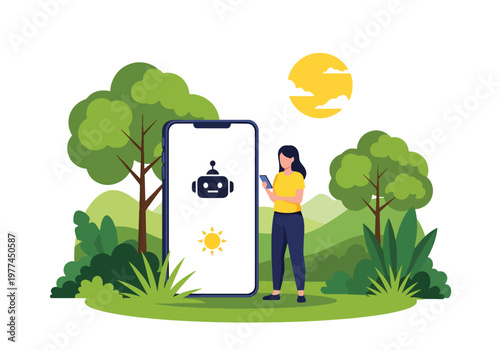 Flat style vector illustration of person checking AI weather forecast on smartphone near window, smart assistant providing real time weather updates in daily life