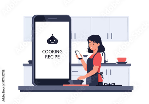 Flat style vector illustration of person using AI cooking recipe on tablet in kitchen, smart assistant guiding meal preparation and home cooking concept