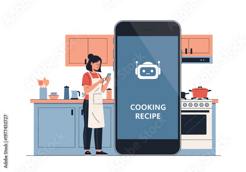 Flat style vector illustration of person using AI cooking recipe on tablet in kitchen, smart assistant guiding meal preparation and home cooking concept